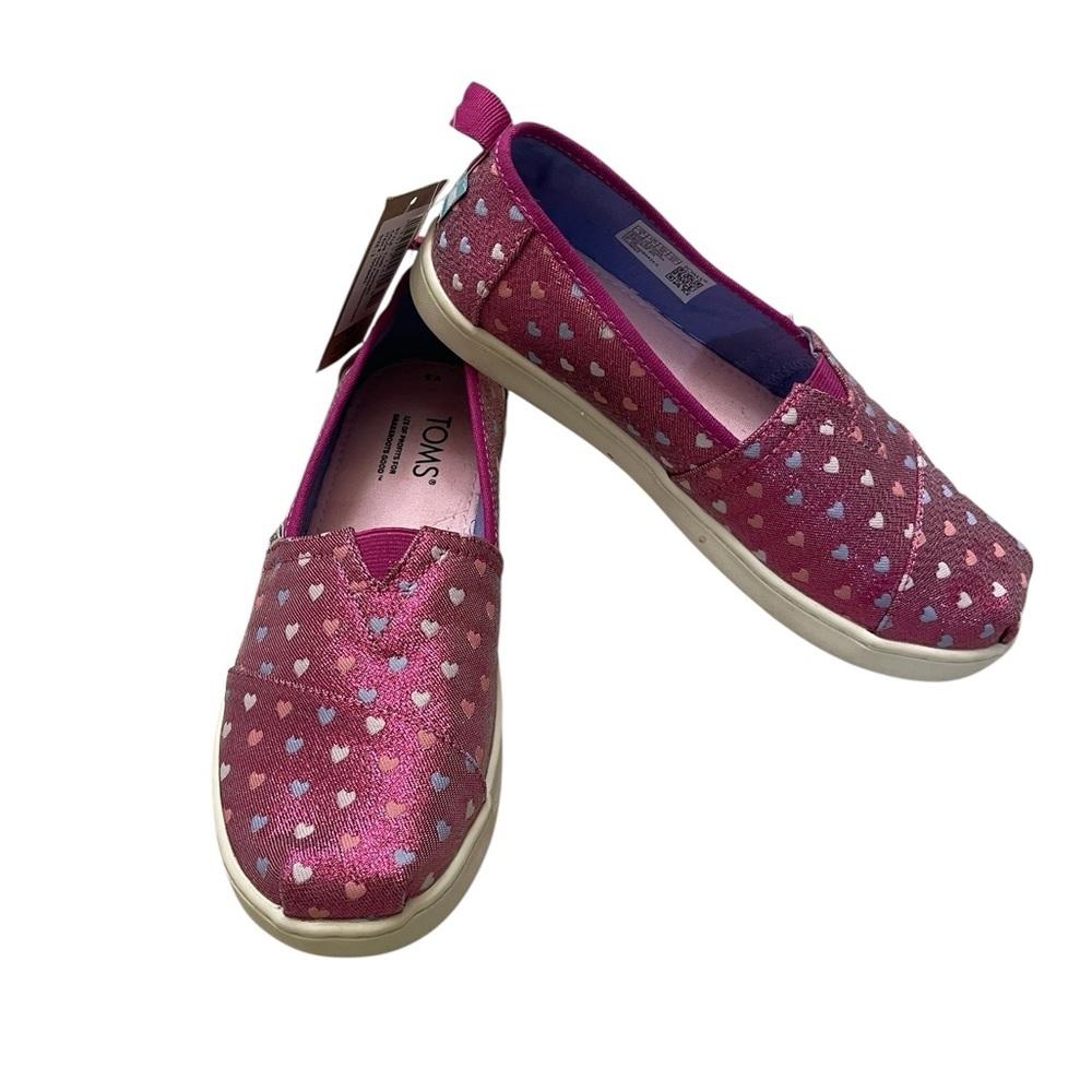 TOMS Alpargata Dark Fuchsia Glimmer Hearts Slip-On Flat Shoes Girl’s Size 3 New